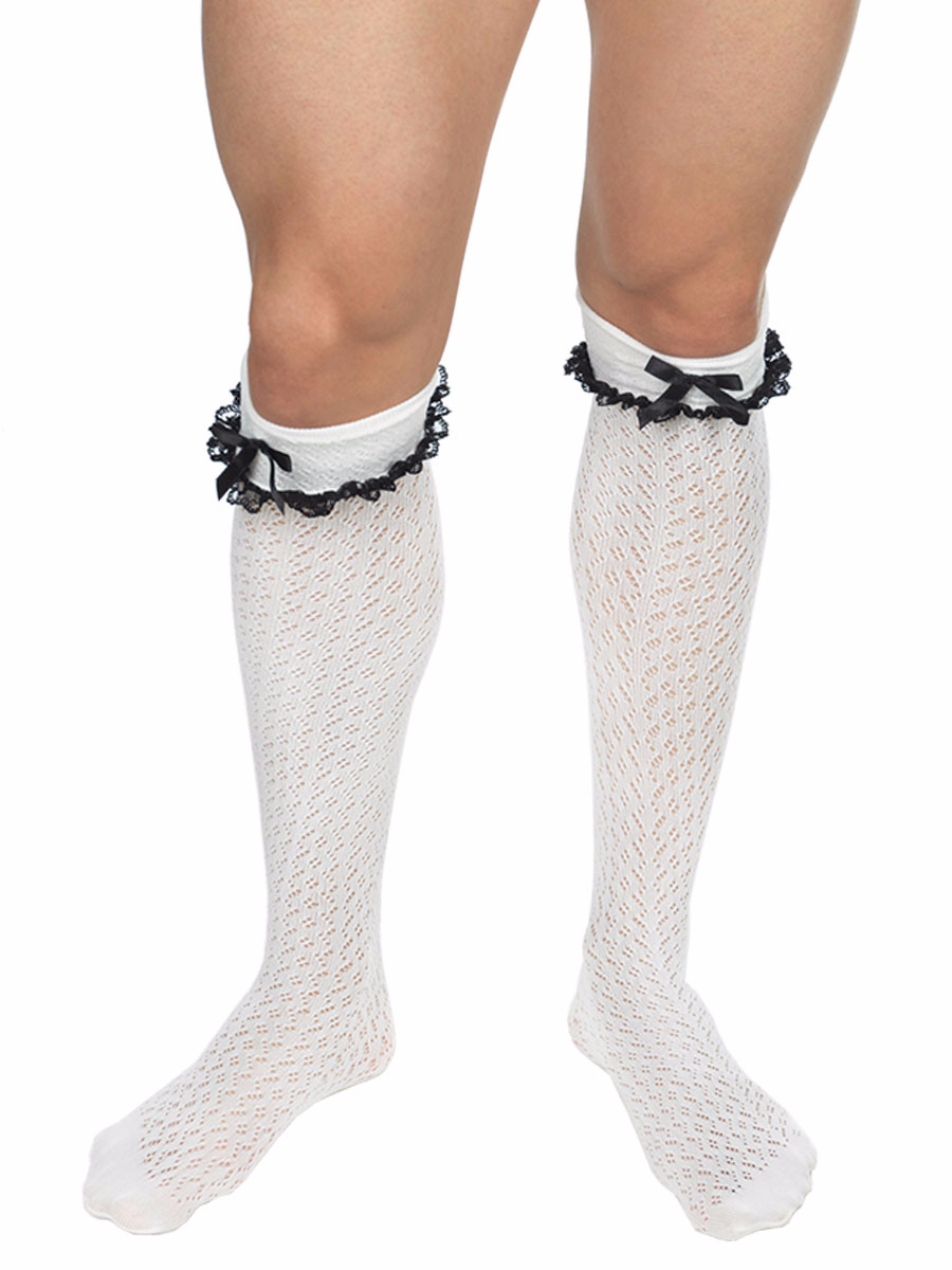 Men's white crocheted and bow knee high socks