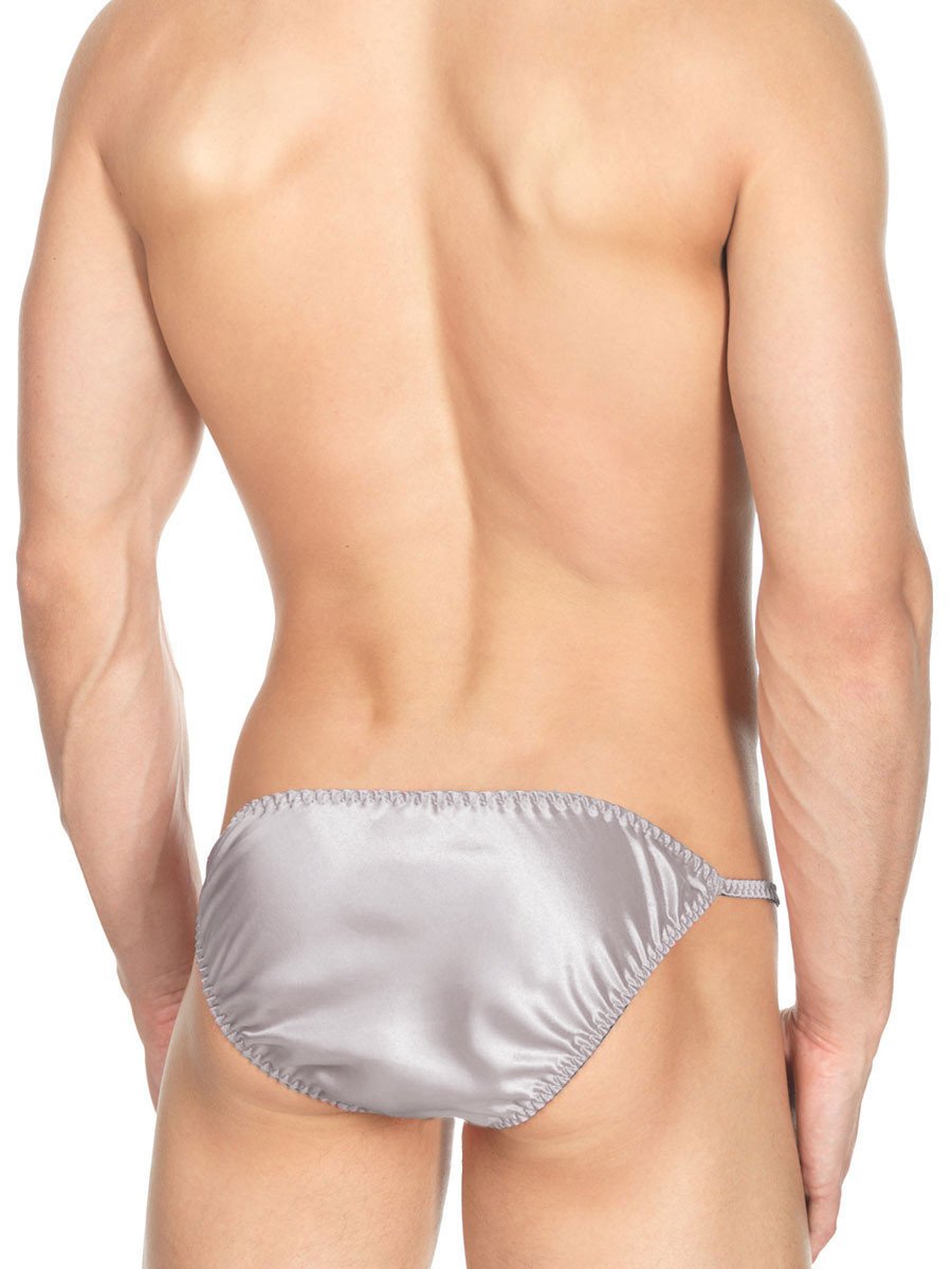 Men's silver shiny satin ruffle string tanga underwear
