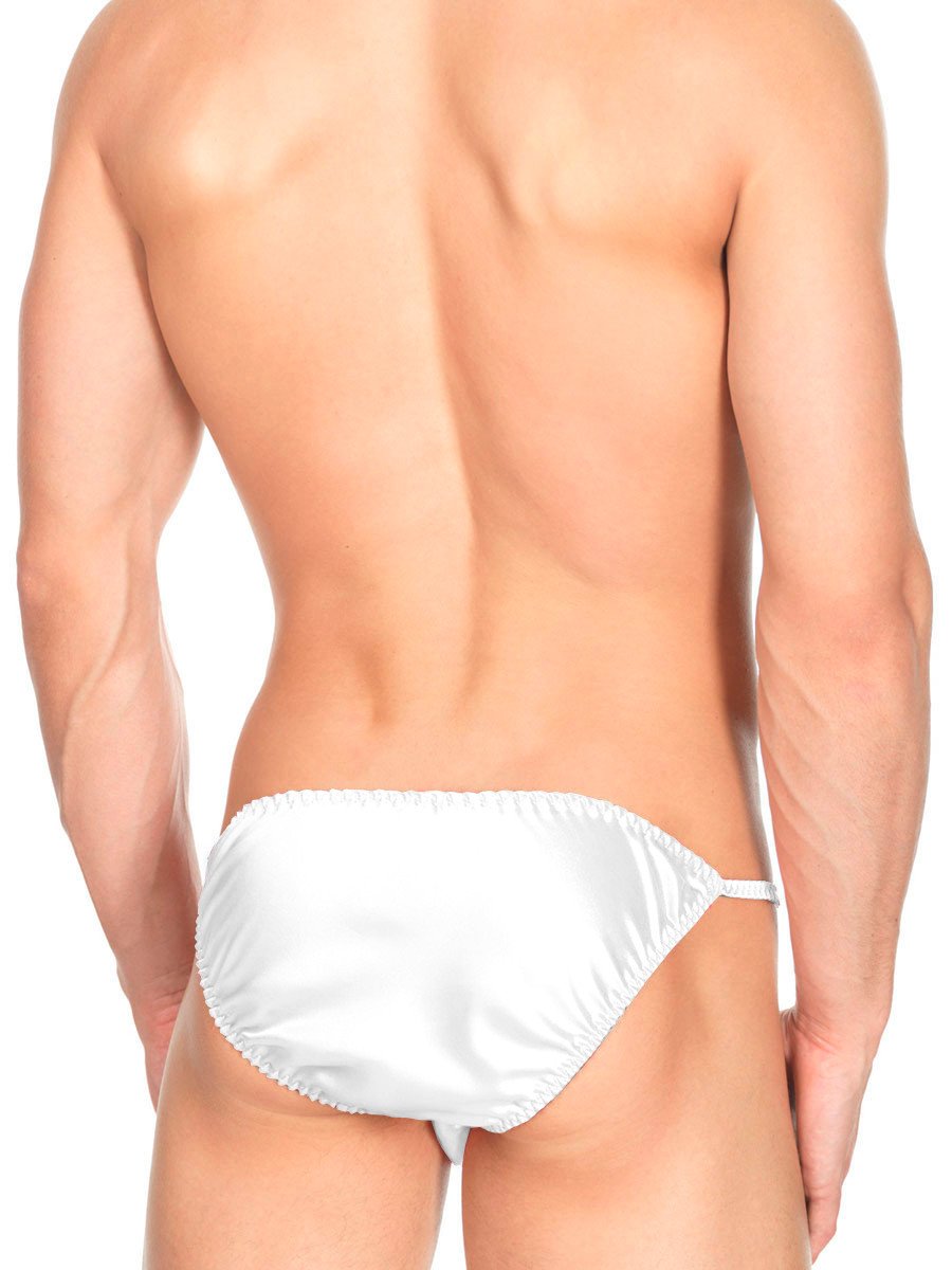 Men's white shiny satin ruffle string tanga underwear