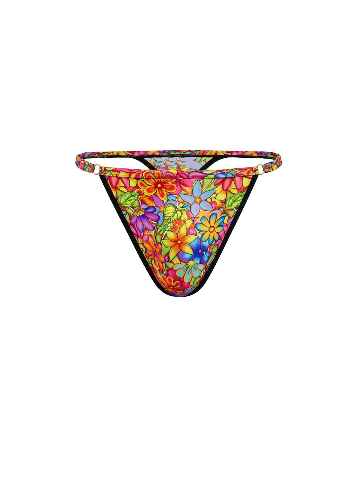 A rainbow floral print men's thong against a plain white background.