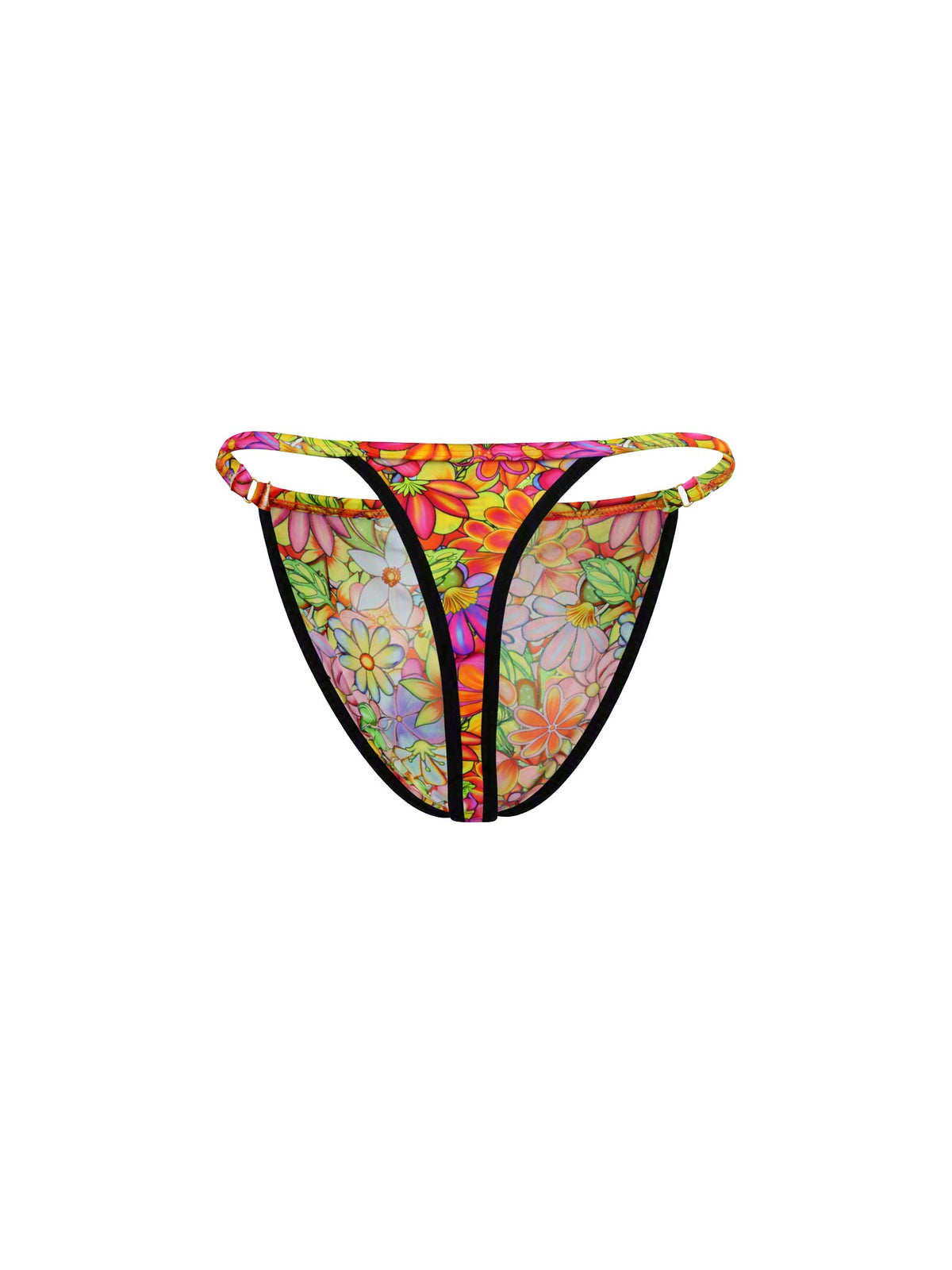 Rear view of a rainbow floral print men's thong against a plain white background.
