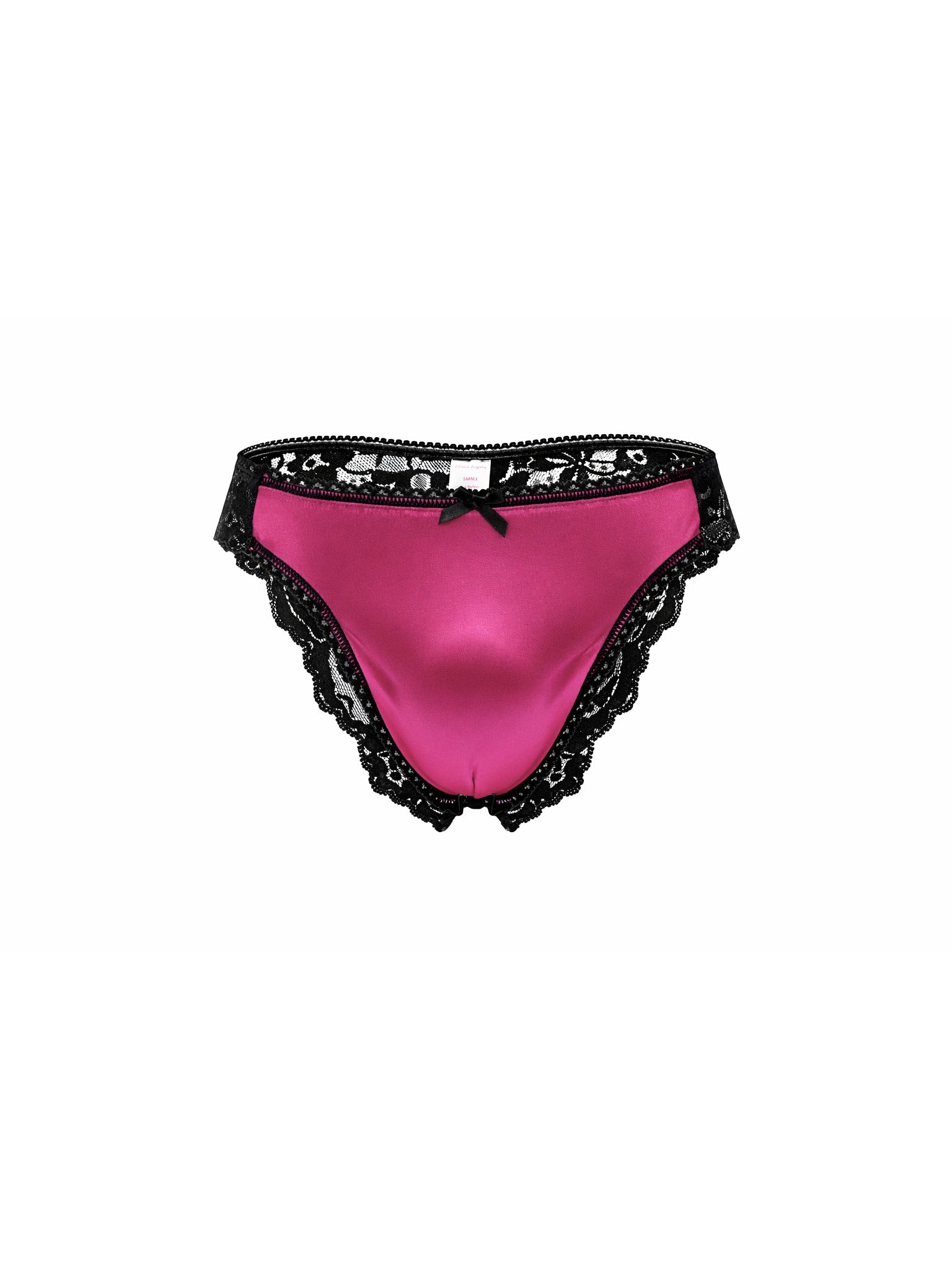 Front view of a pink satin men's panty with black lace, on a white background.