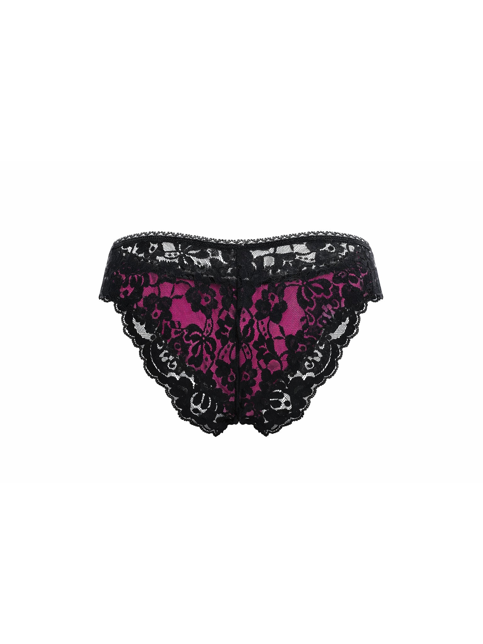Rear view of a pink satin men's panty with black lace, on a white background.