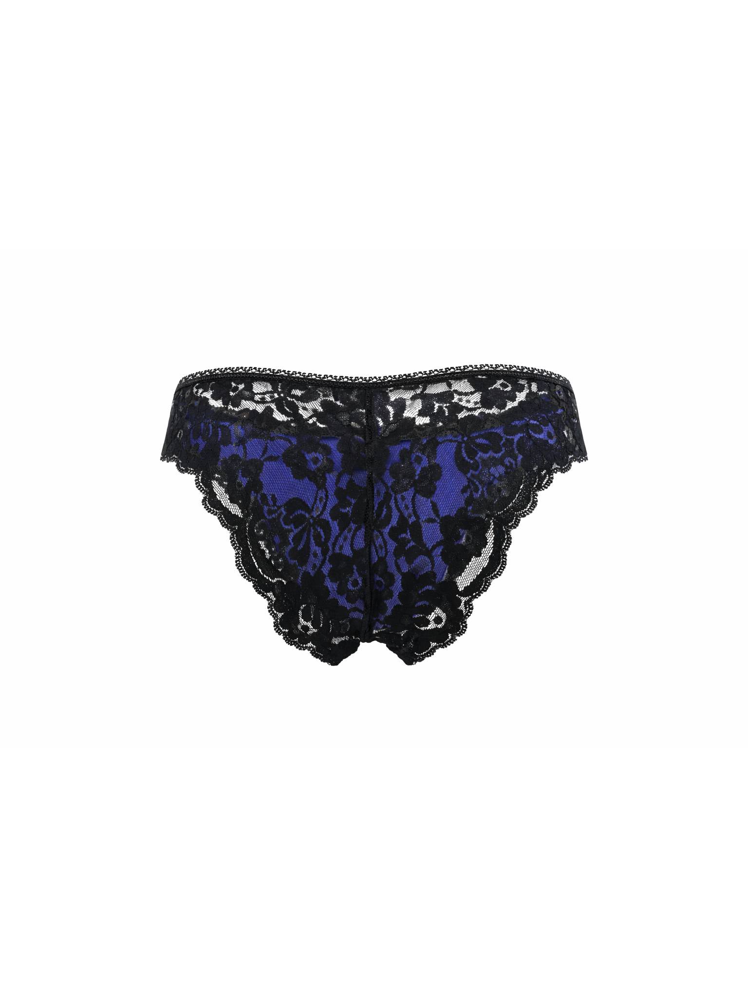 Rear view of a navy blue satin men's panty with black lace, on a white background