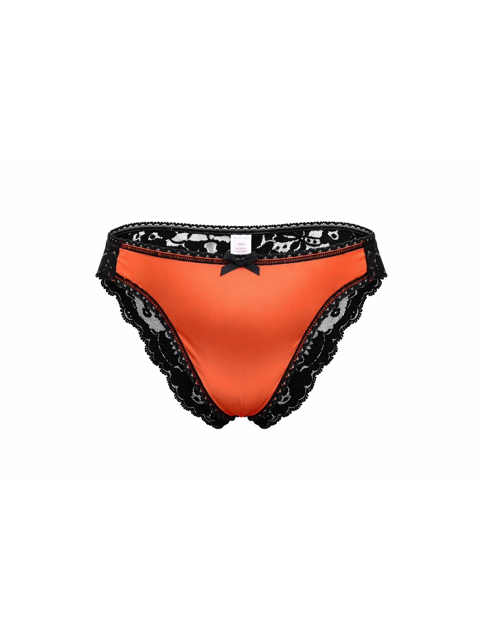 Front view of an orange satin men's panty with black lace, on a white background.