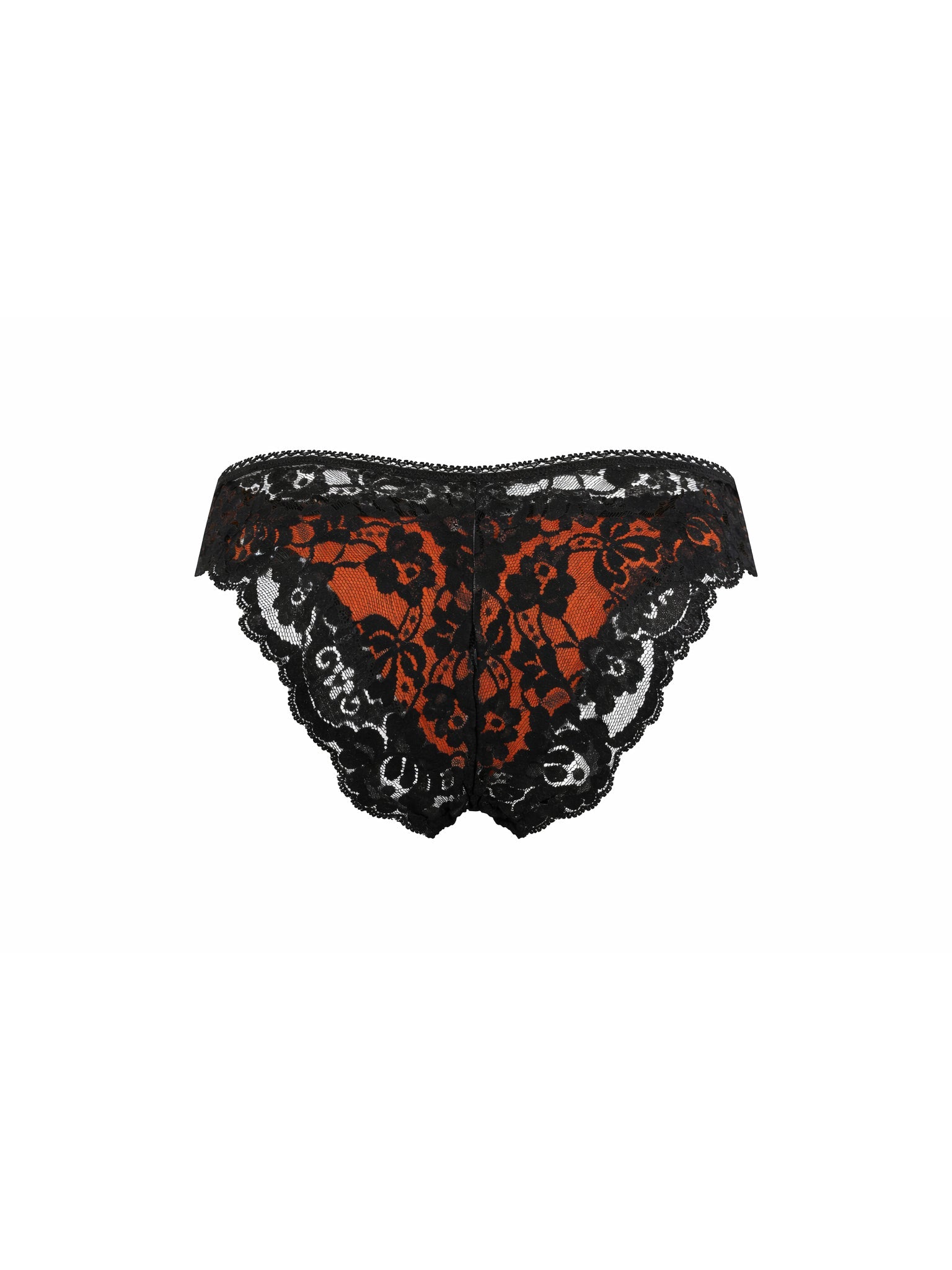 Rear view of an orange satin men's panty with black lace, on a white background.