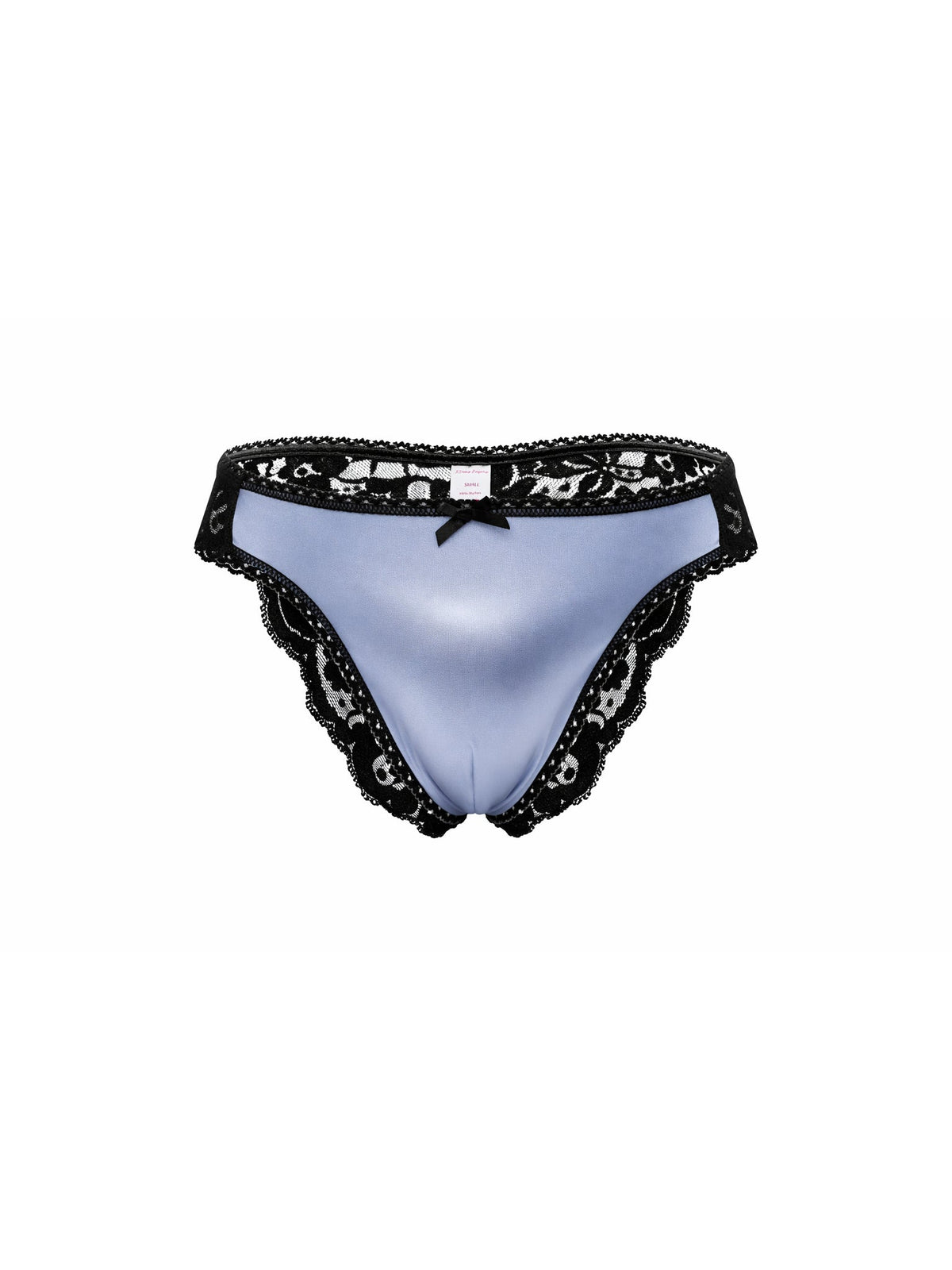Front view of a light blue satin men's panty with black lace, on a white background.