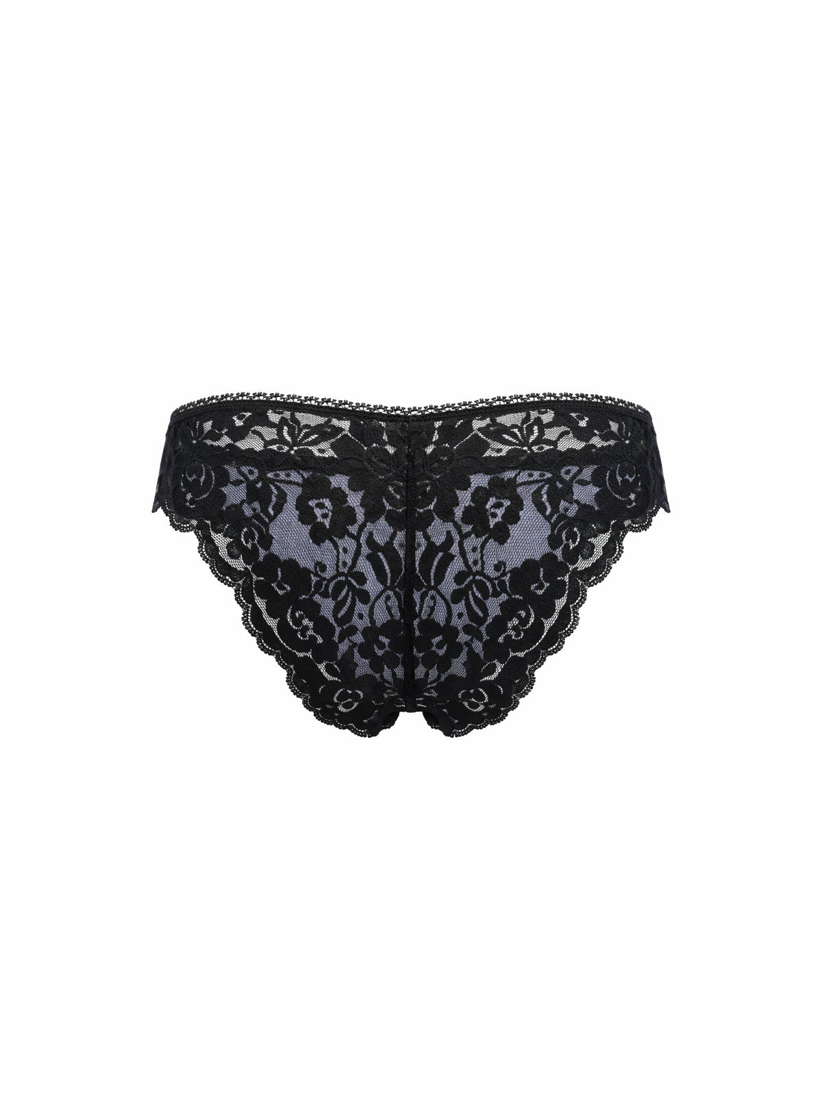 Rear view of a light blue satin men's panty with black lace, on a white background.