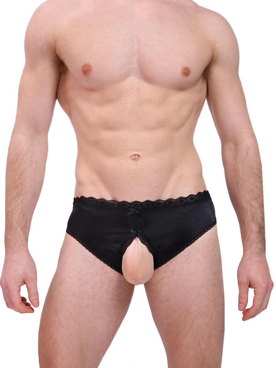 men's black satin crotchless panties - XDress UK