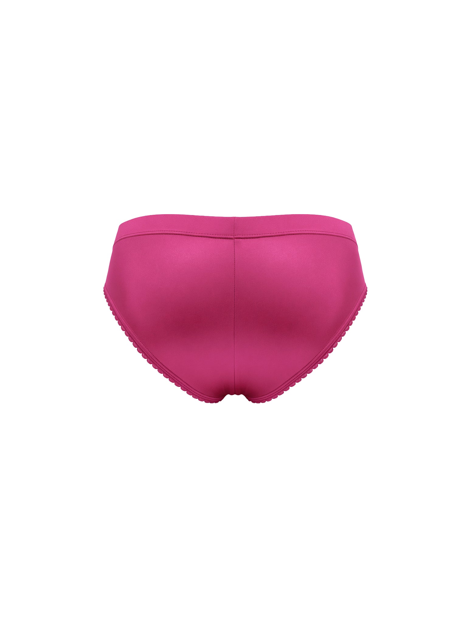 Rear view of a pink satin panty on a white background.
