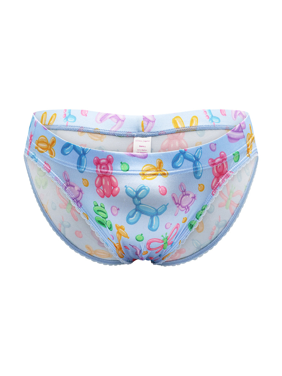 Light blue satin briefs with a colorful balloon animal pattern, on a white background.