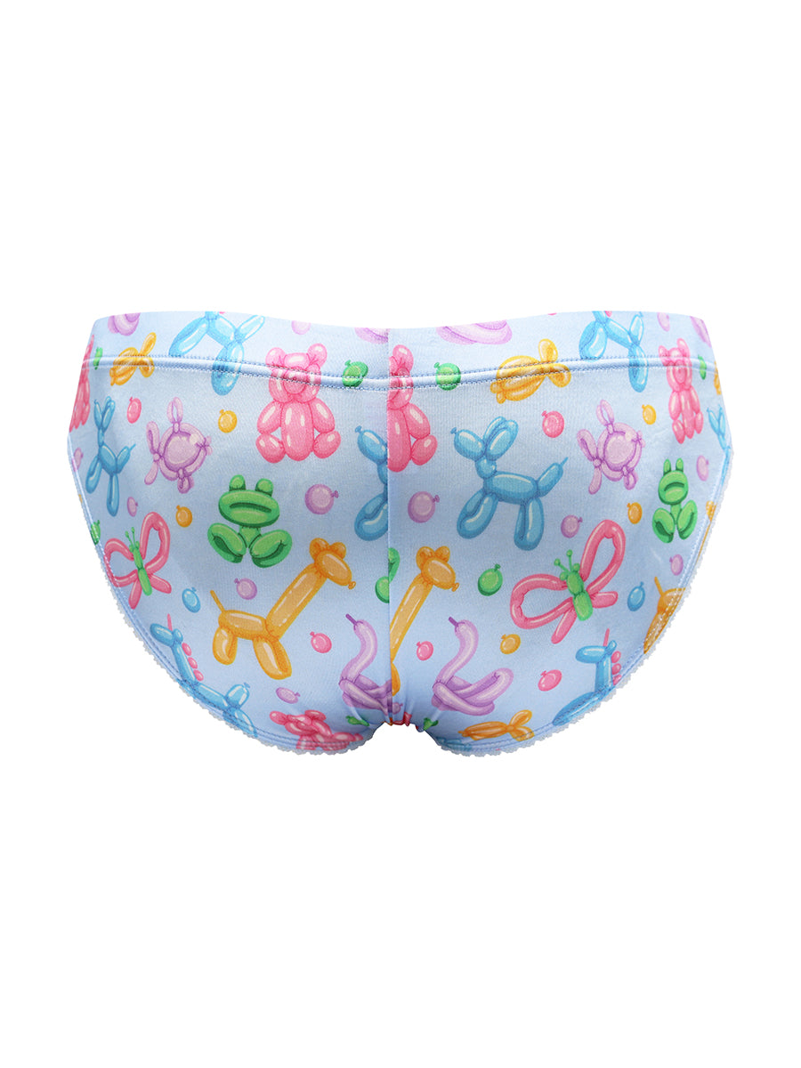 Rear view of light blue satin briefs with a colorful balloon animal pattern, on a white background.