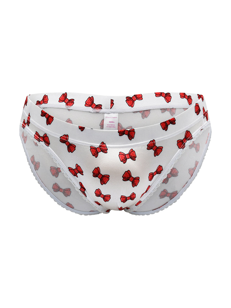 White satin men's underwear with a red bow pattern, on a white background.