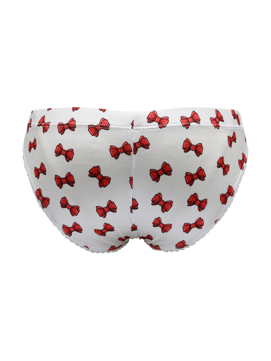 Back view of white satin men's underwear with a red bow pattern, on a white background.
