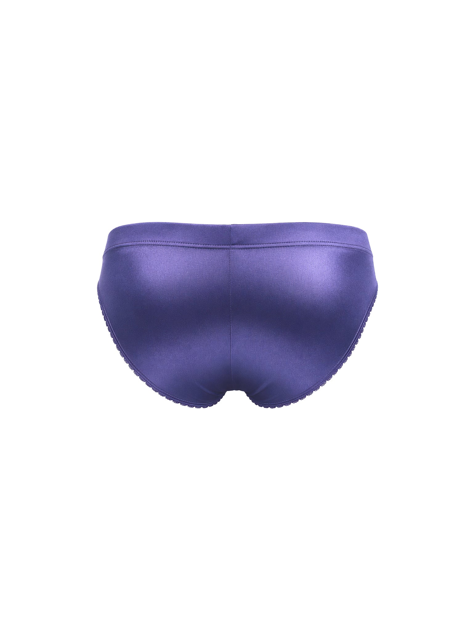 Rera view of a navy blue satin panty on a white background.