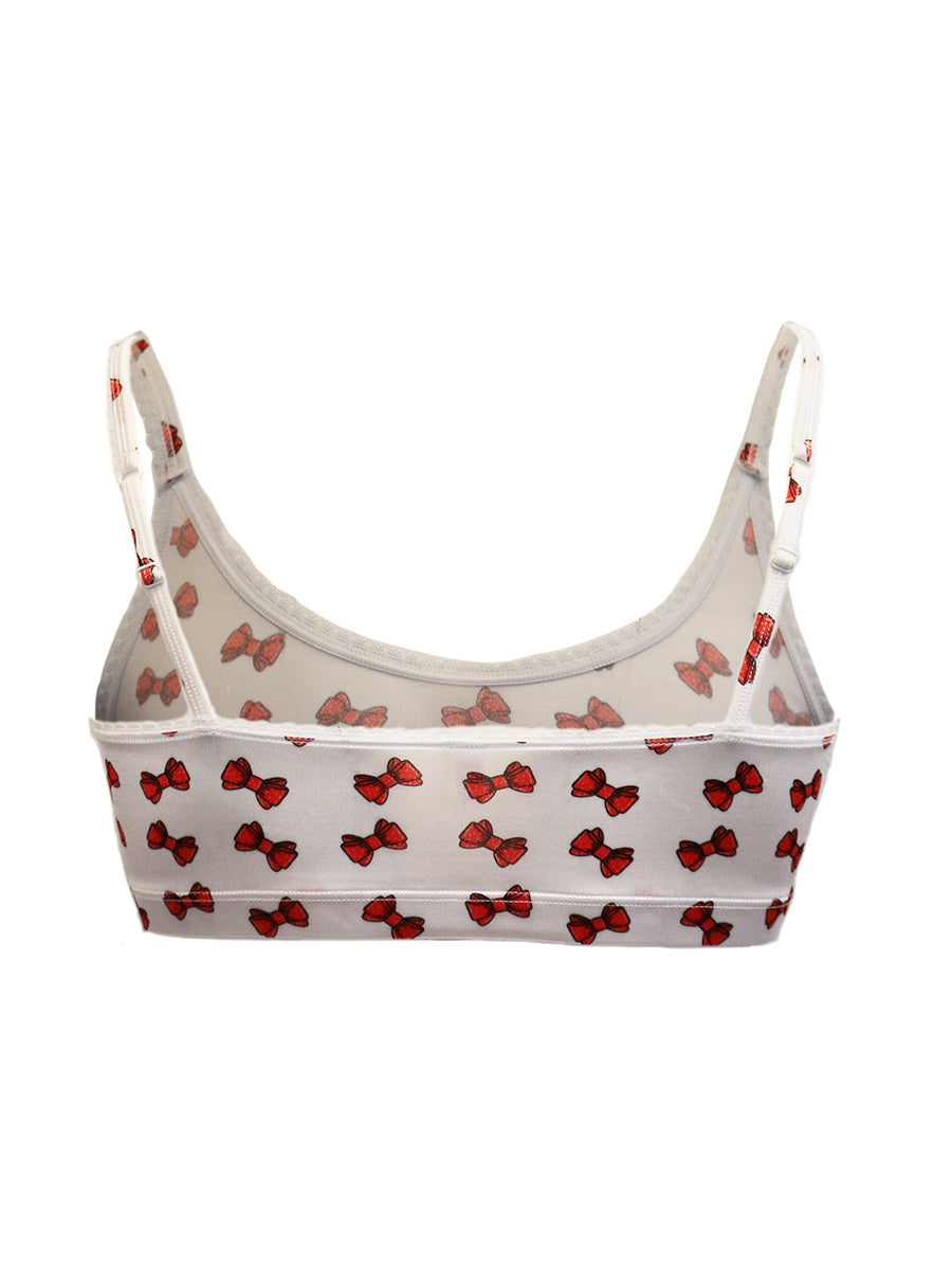 Back view of a white satin men's bra with red bow pattern on a white background.