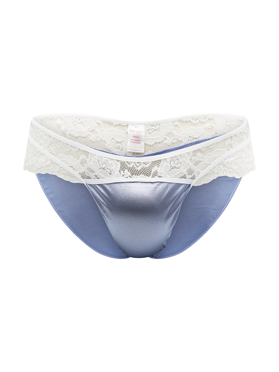 Front view of a light blue satin panty with a white lace waistband, against a white background.