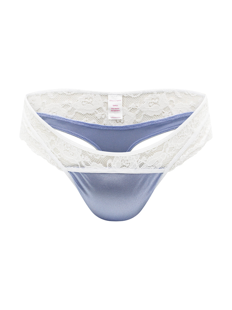 Front view of a light blue satin thong with a white lace waistband, against a white background.