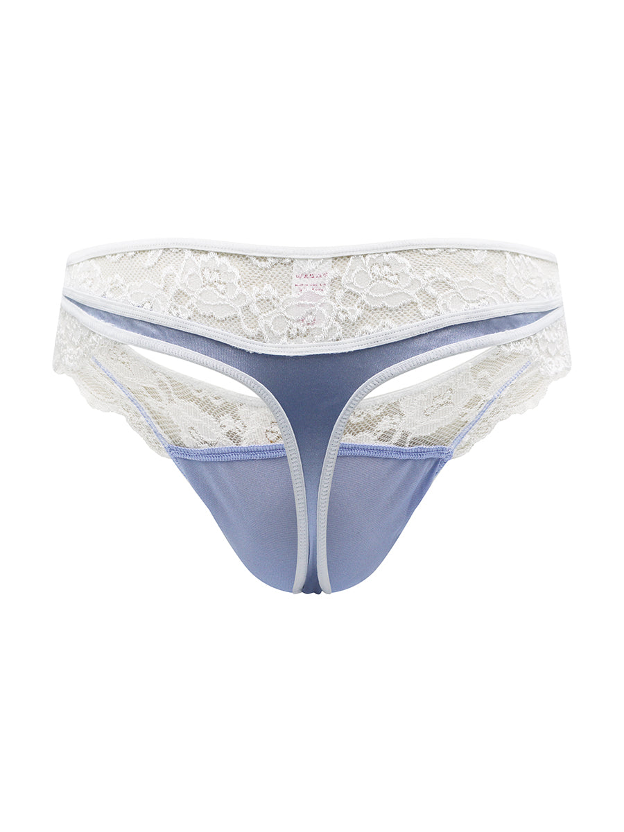 Back view of a light blue satin thong with a white lace waistband, against a white background.