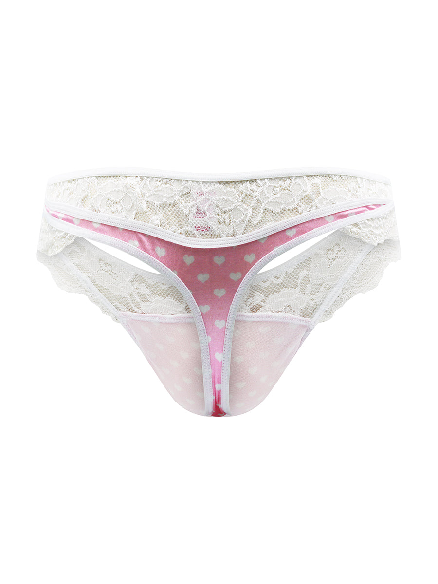 Back view of a pink satin thong with a white lace waistband, against a white background.