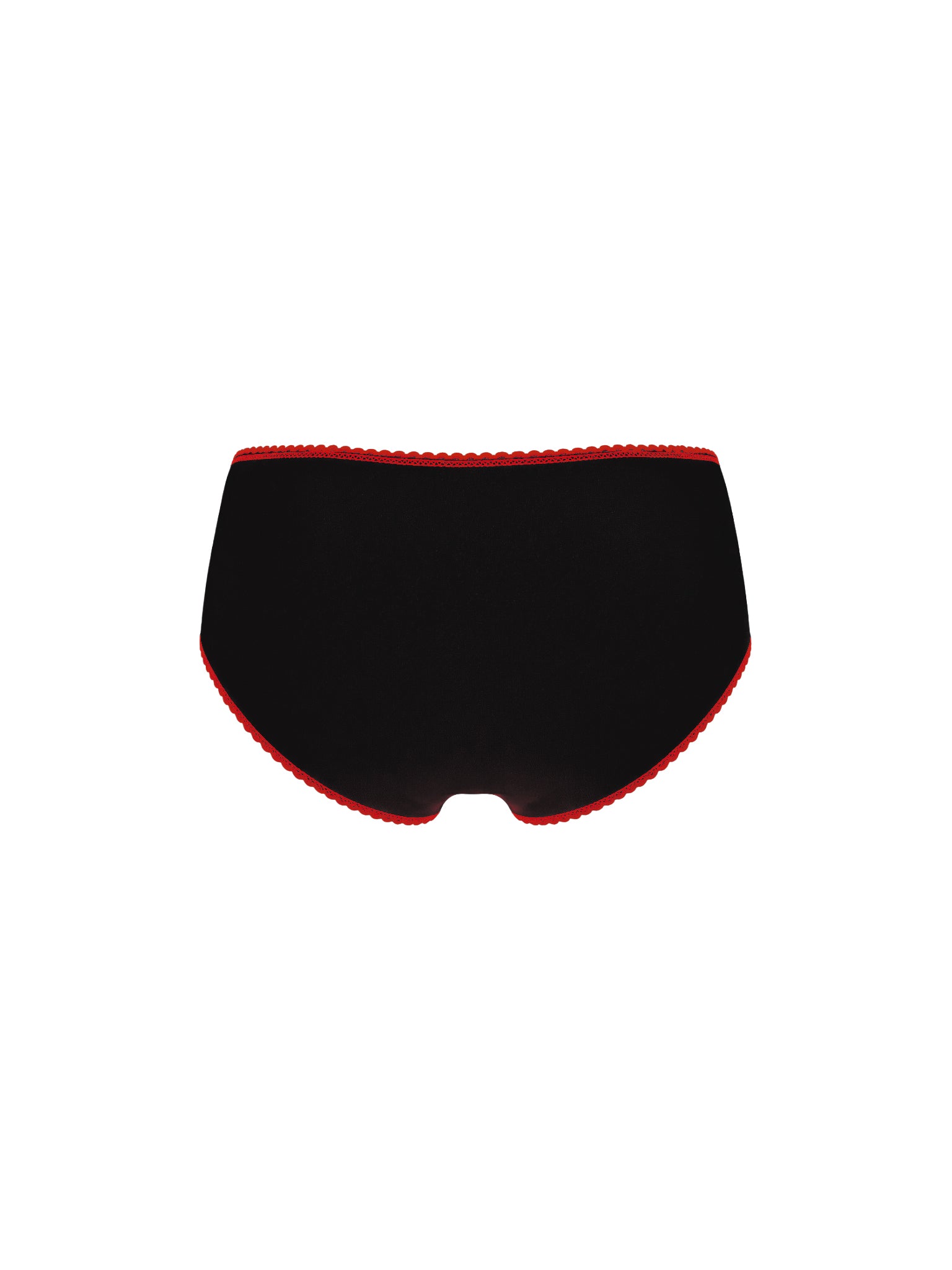 Black underwear with red lace trim on a white background