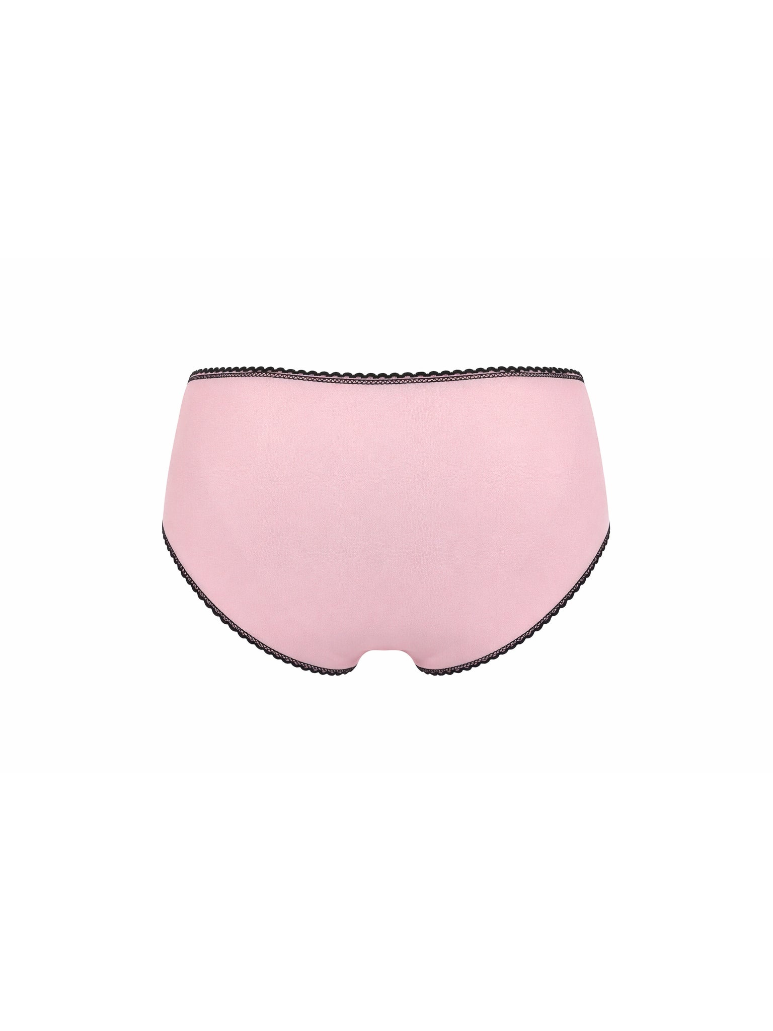 Pink underwear with black lace trim on a white background