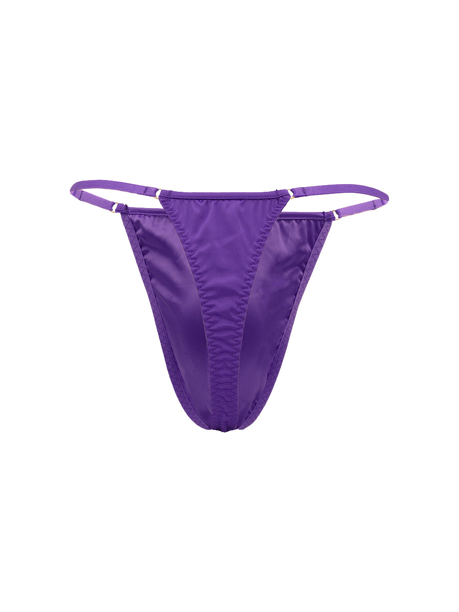 Purple satin men's thong on a white background.