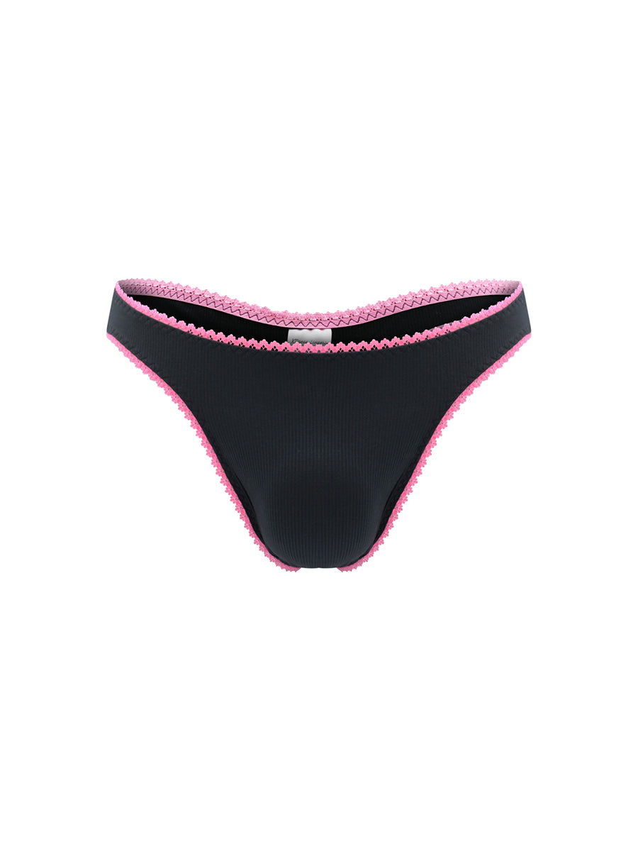 Front view of black thong panties with pink lace trim on a white background.