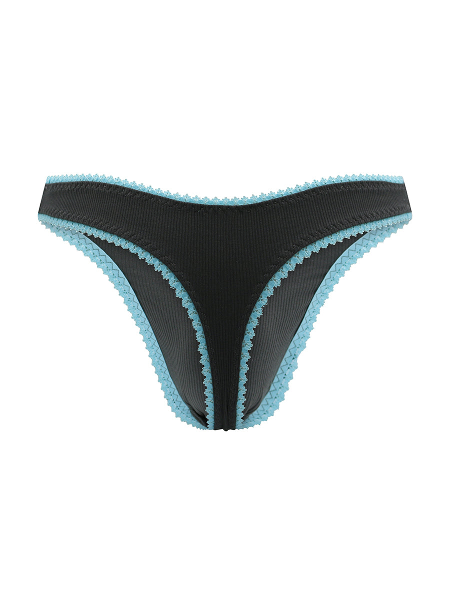 Rear view of dark grey thong panties with blue lace trim on a white background.
