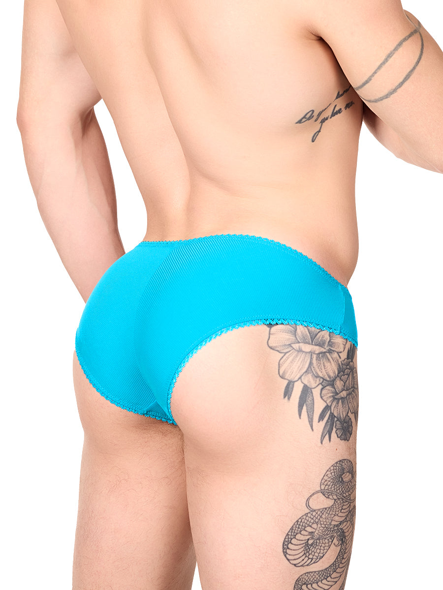 Side view of a man wearing a turquoise XDress panty with lace trim