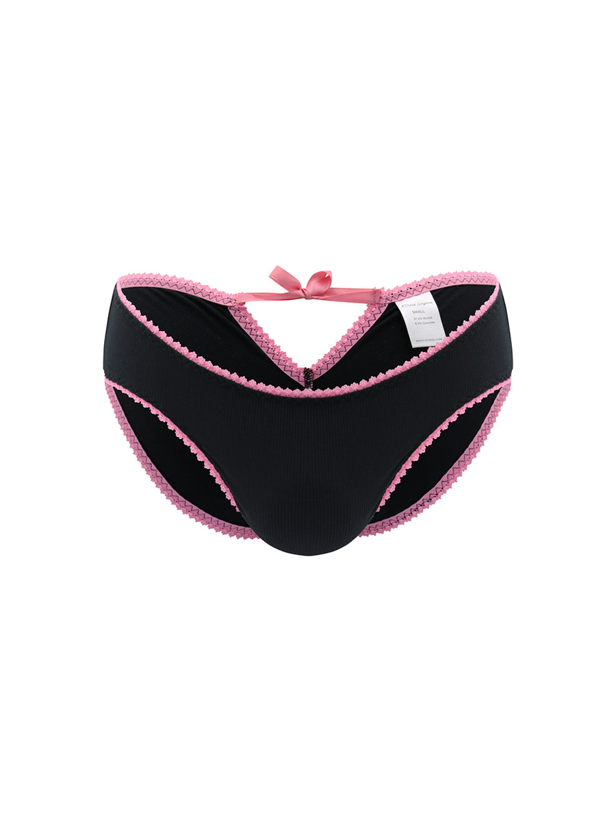 Black ribbed keyhole panties with pink lace trim on a white background.