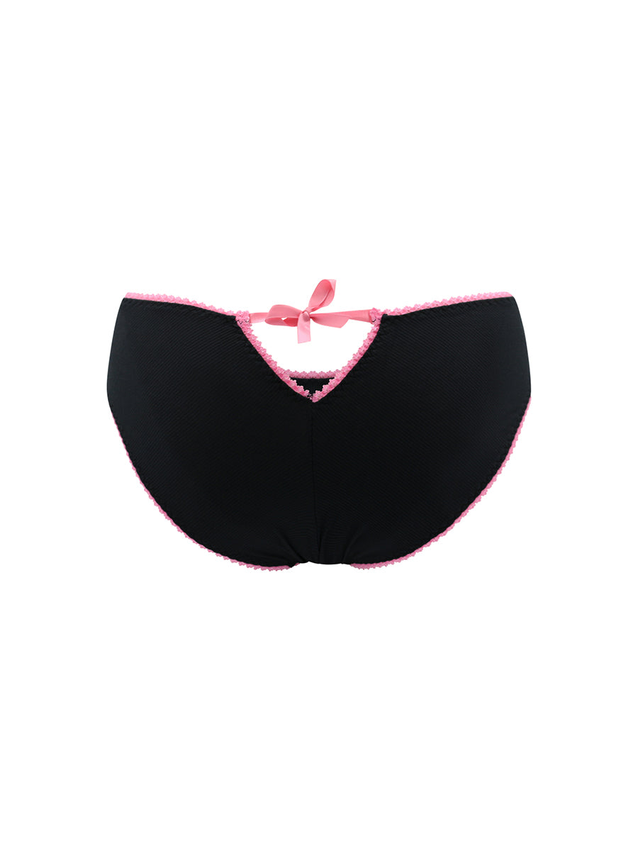 Black ribbed keyhole panties with pink lace trim on a white background.