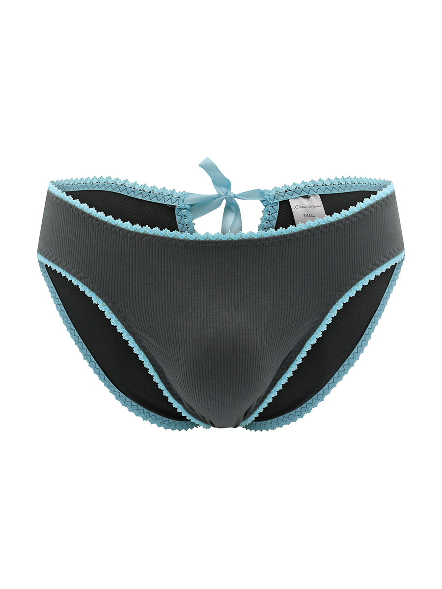 Dark grey ribbed panties with blue lace trim on a white background.