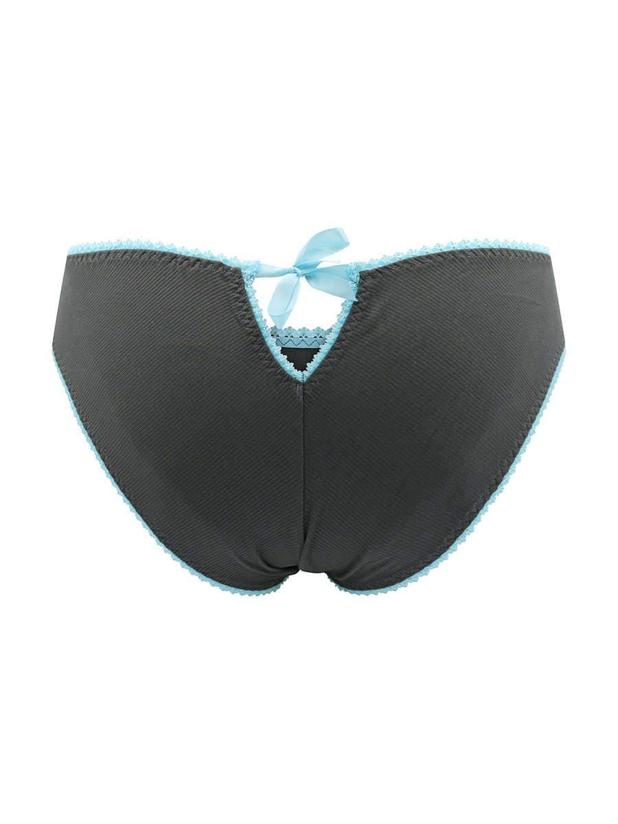 Dark grey ribbed keyhole panties with blue lace trim on a white background.