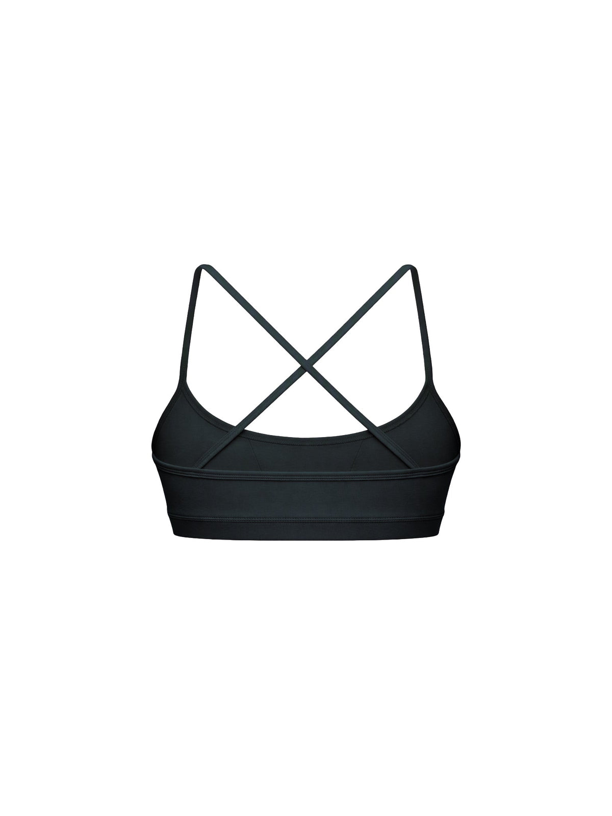 Black sports bra with thin crisscrossing back straps, shown from the back on a solid white background.