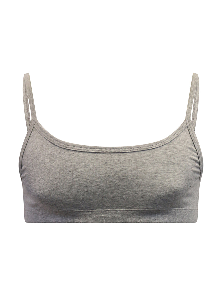 A grey sports bra for men, on a white background. 