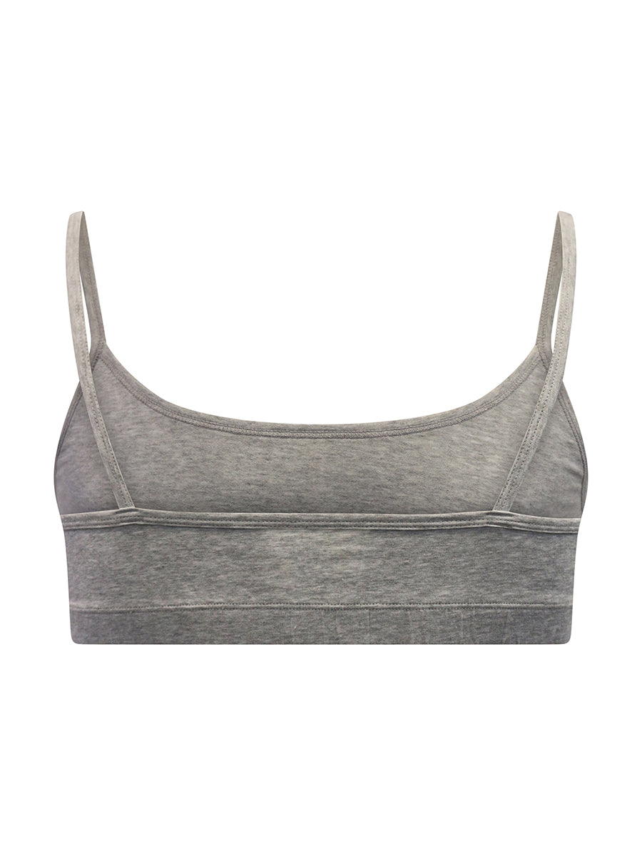 Back view of a grey sports bra for men, on a white background.