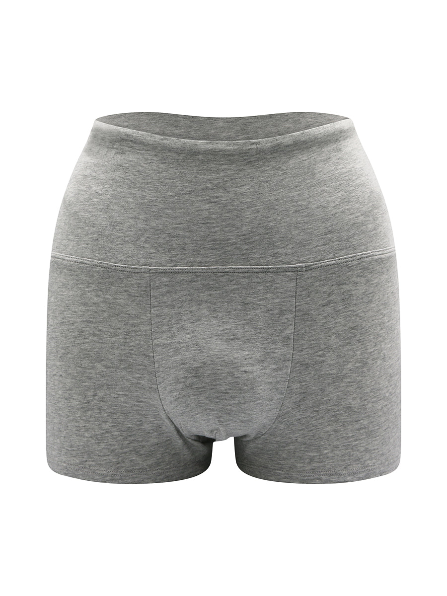 Front view of grey athletic shorts, on a white background.