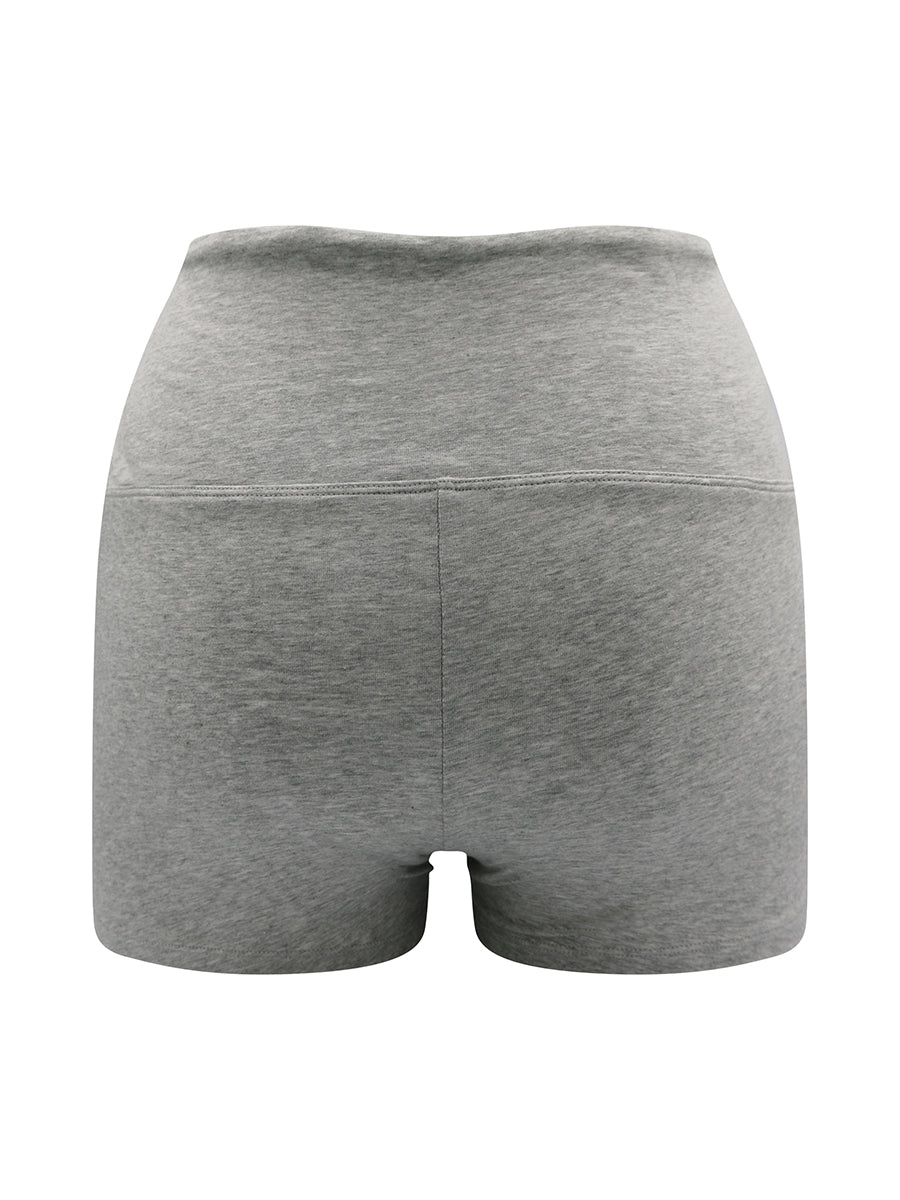 Rear view of grey athletic shorts, on a white background.
