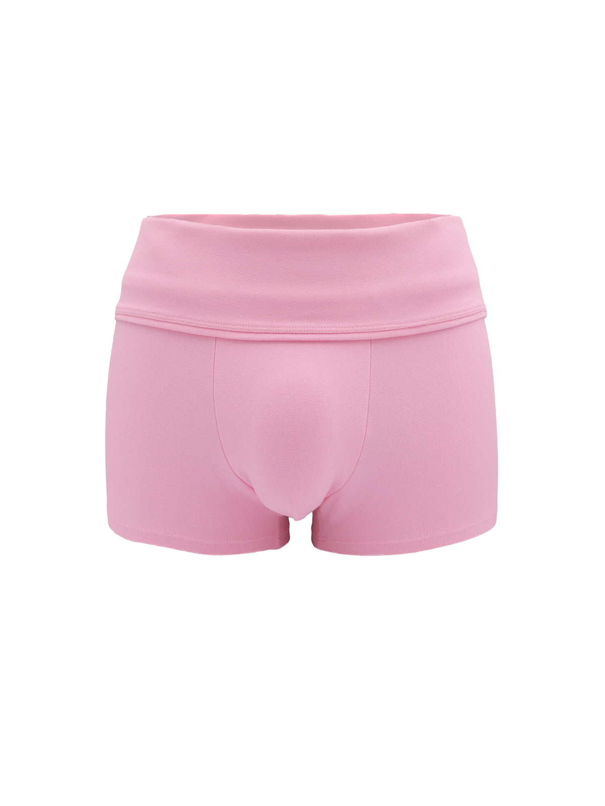 A pair of men's high-waisted athletic shorts in a solid light pink color, shown against a plain white background.