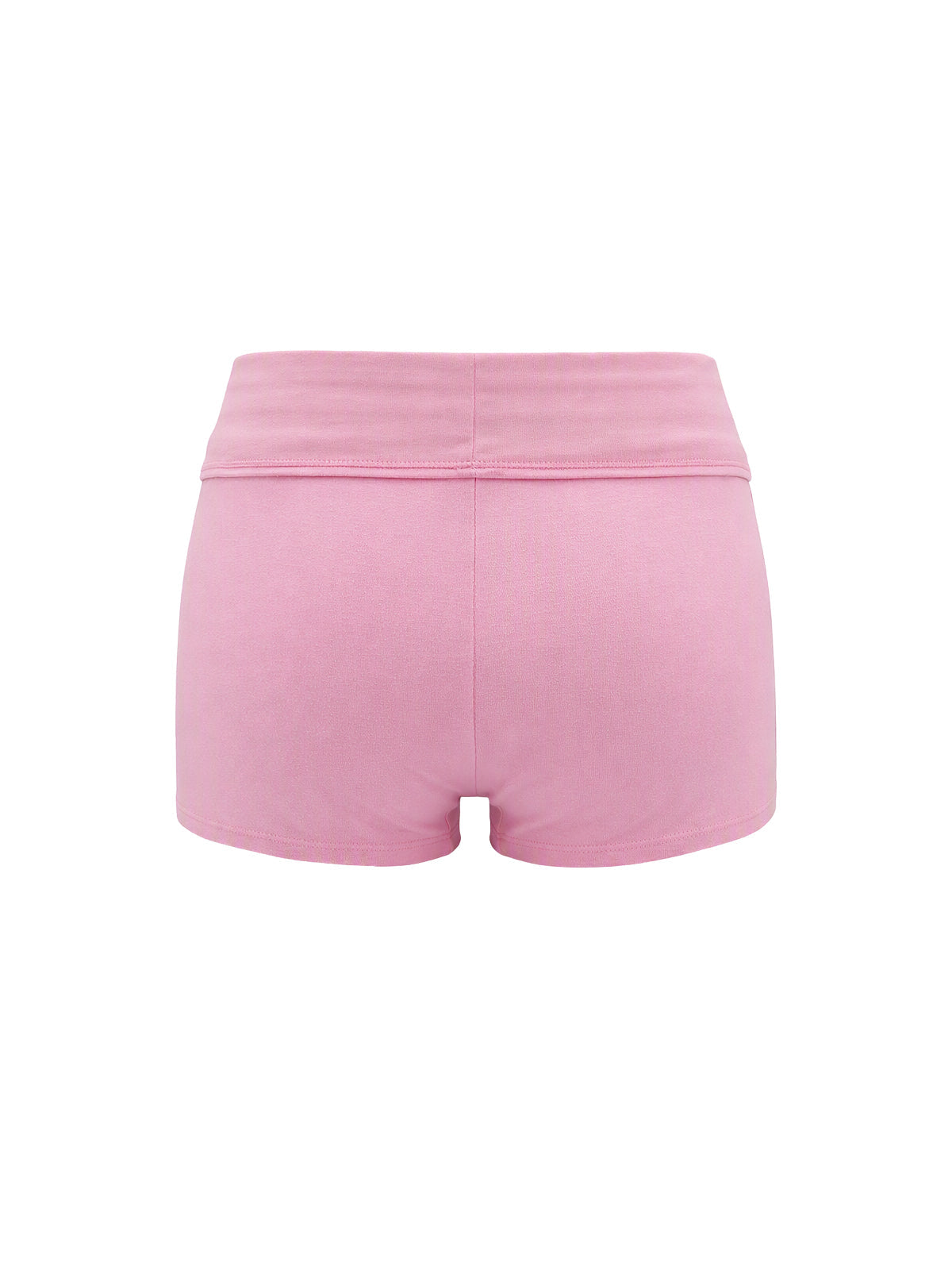 Pink athletic shorts with a wide elastic waistband, shown from the back on a plain white background.