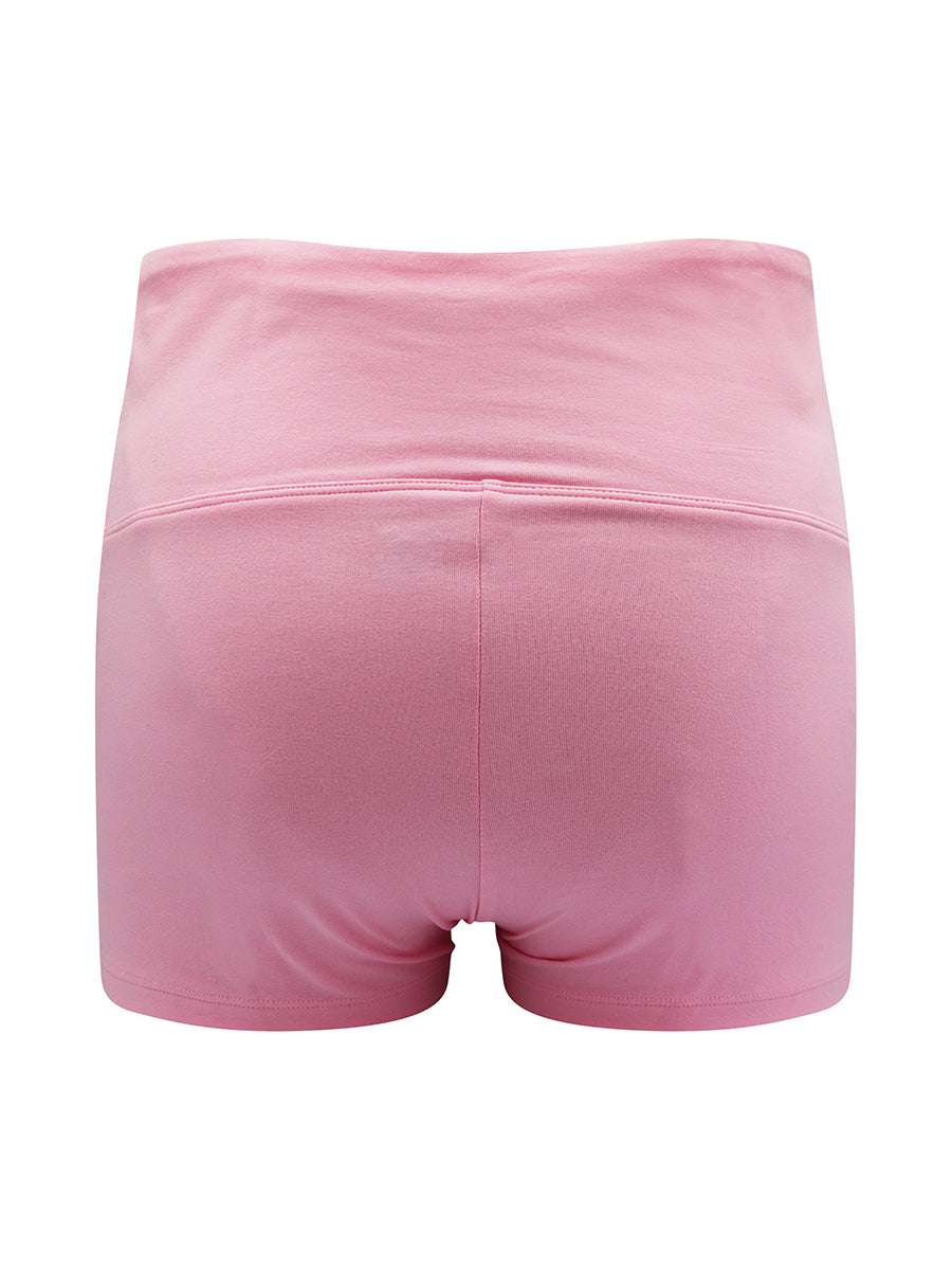 Rear view of pink athletic shorts for men, on a white background.