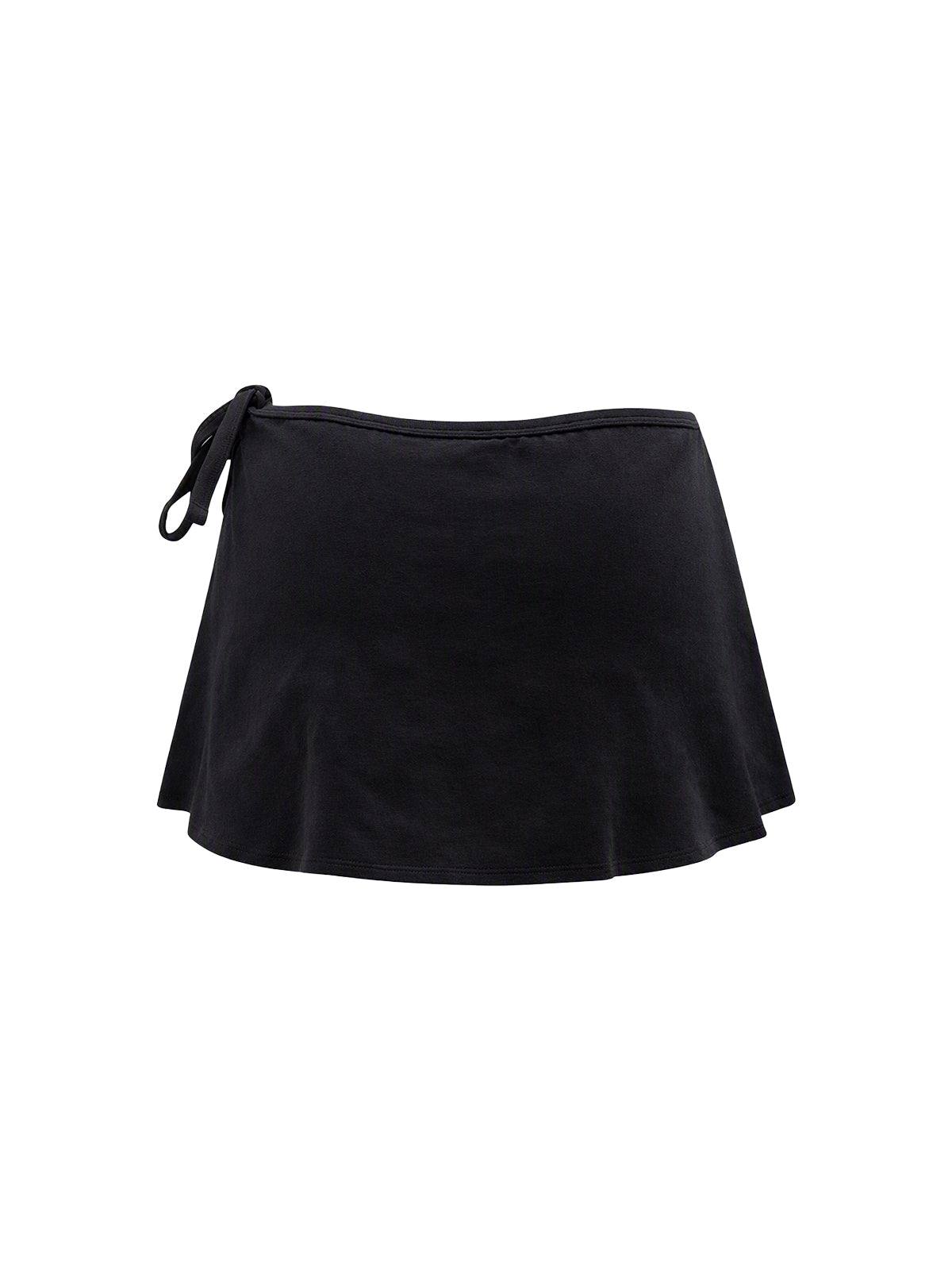 A black wrap-style mini skirt with a side tie detail, shown against a plain white background.