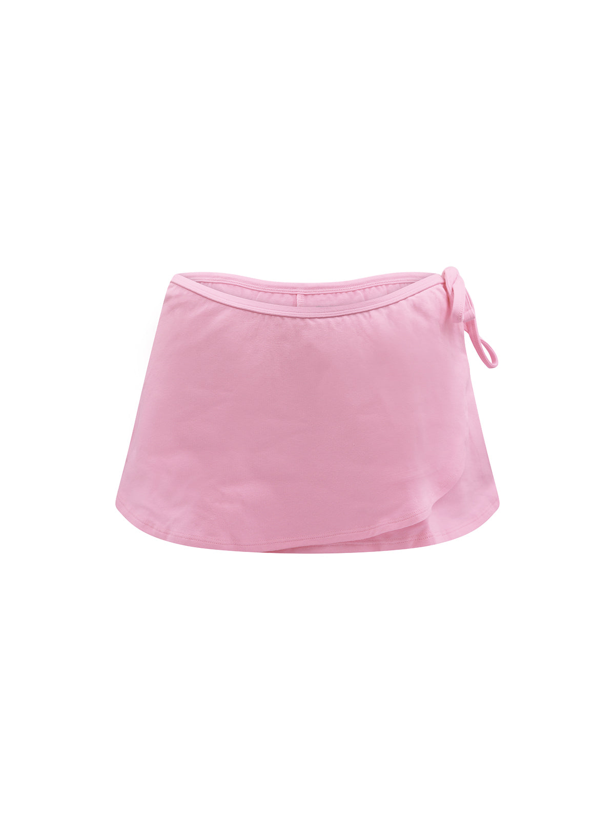 A light pink wrap skirt with a side tie detail, shown flat against a solid white background.