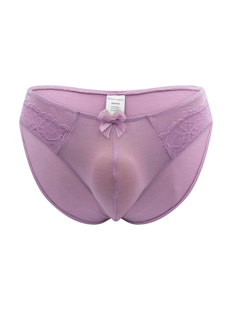 A pair of purple men's panties with matching lace, on a white background