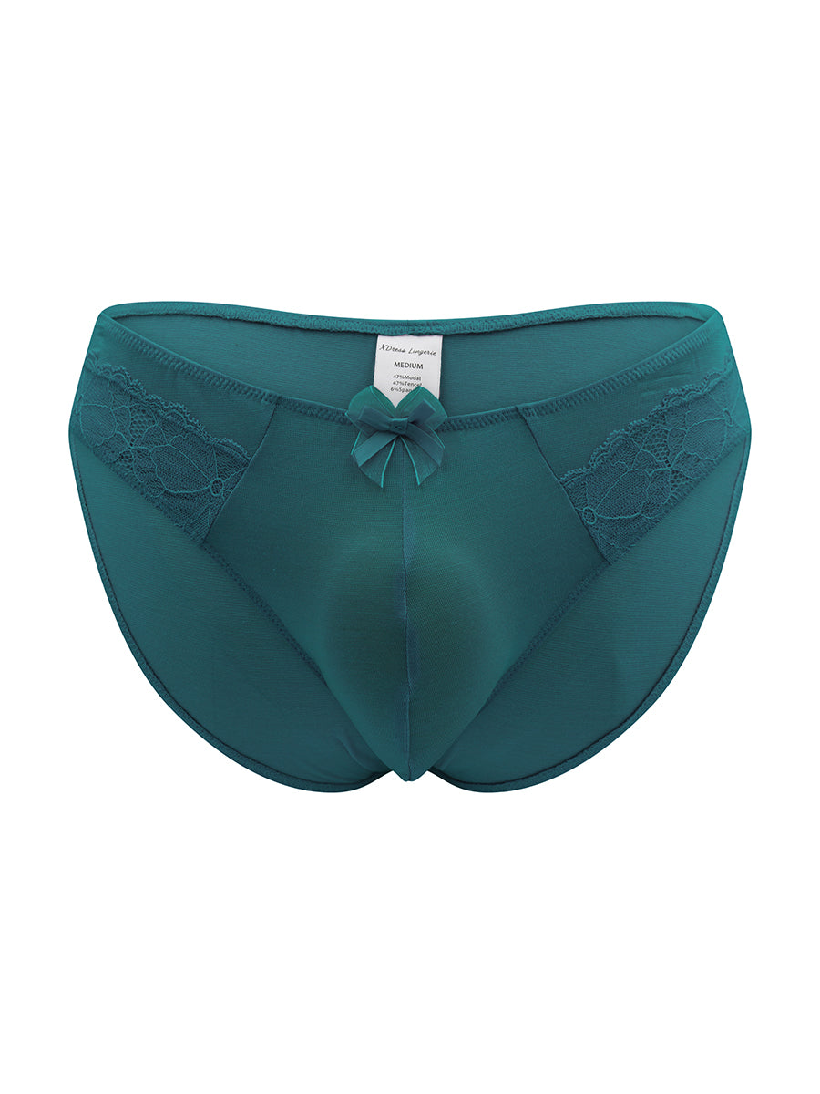 Teal green men's panties with matching lace, on a white background