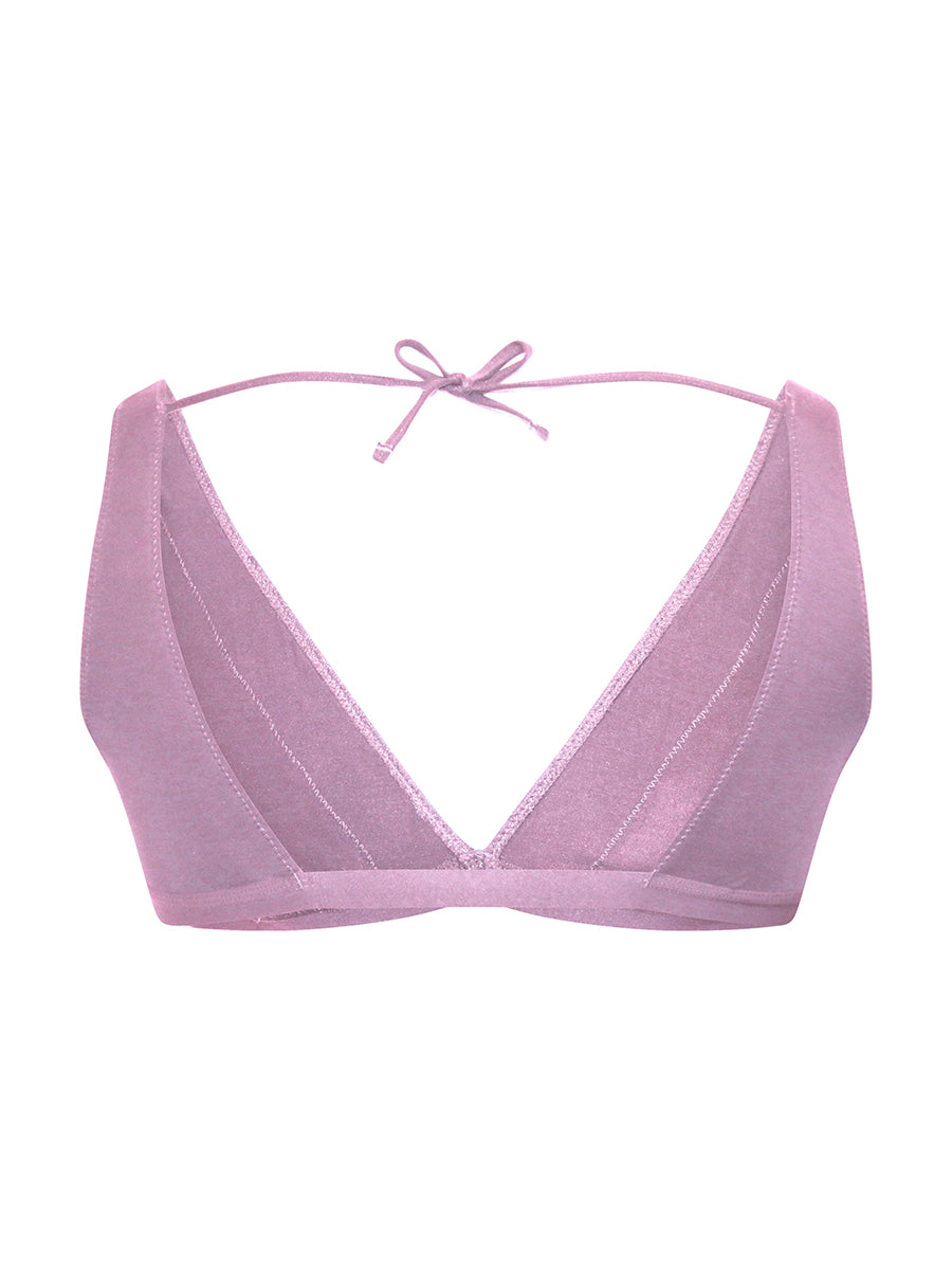 Rear view of a purple bra for men on a white background