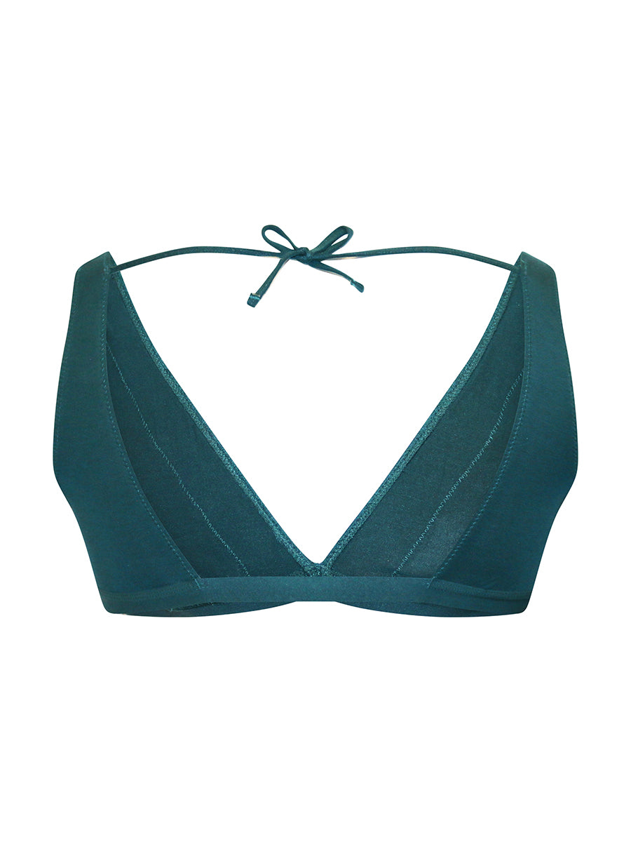 Back view of a green bra for men on a white background