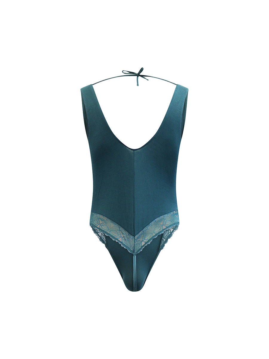 Back view of a teal men's lingerie on a white background.