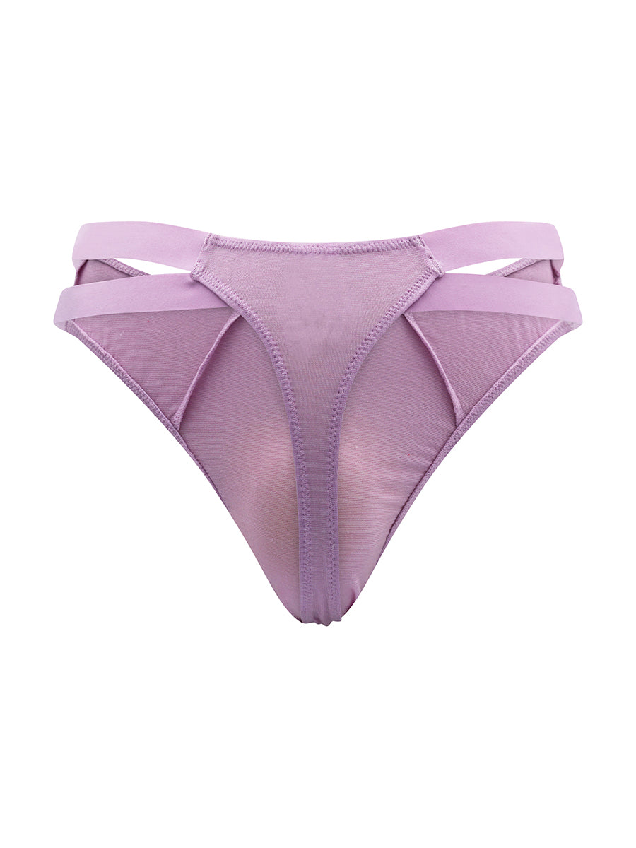 Back view of purple XDress thong panties on a white background.